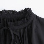60s COTTON CAMBRIC PLAIN WITH LACE LACE & STRING COLLAR GATHERED SHIRT #9900 BLACK [NSL26552]