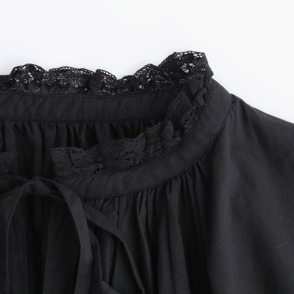 60s COTTON CAMBRIC PLAIN WITH LACE LACE & STRING COLLAR GATHERED SHIRT #9900 BLACK [NSL26552]
