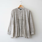 80s VOILE LITTLE TREE BLOCK PRINT MINI PINTUCK BANDED COLLAR SHIRTS #9199 MILKY.GREY/BLACK PRINT [INMDS26722]