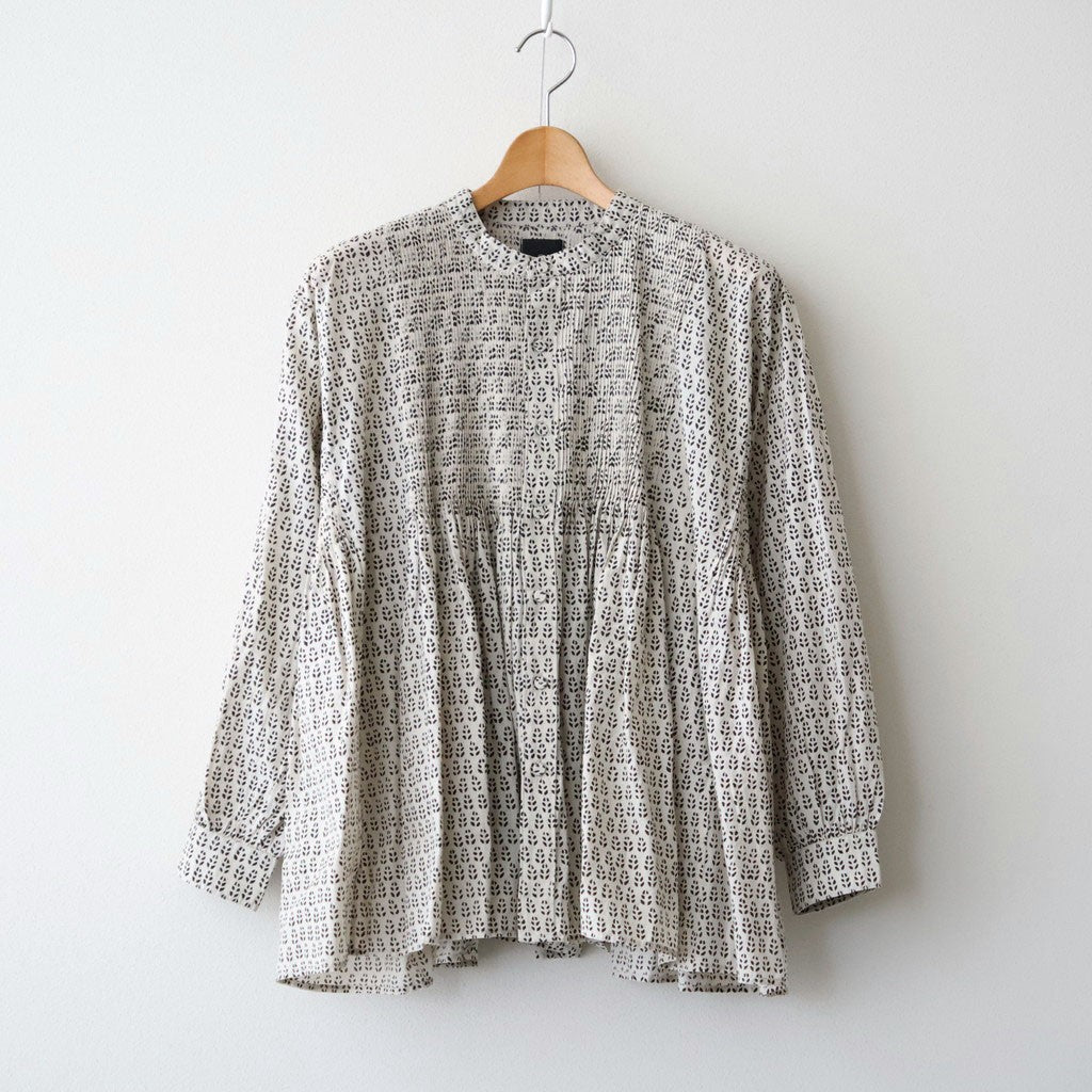 80s VOILE LITTLE TREE BLOCK PRINT MINI PINTUCK BANDED COLLAR SHIRTS #9199 MILKY.GREY/BLACK PRINT [INMDS26722]