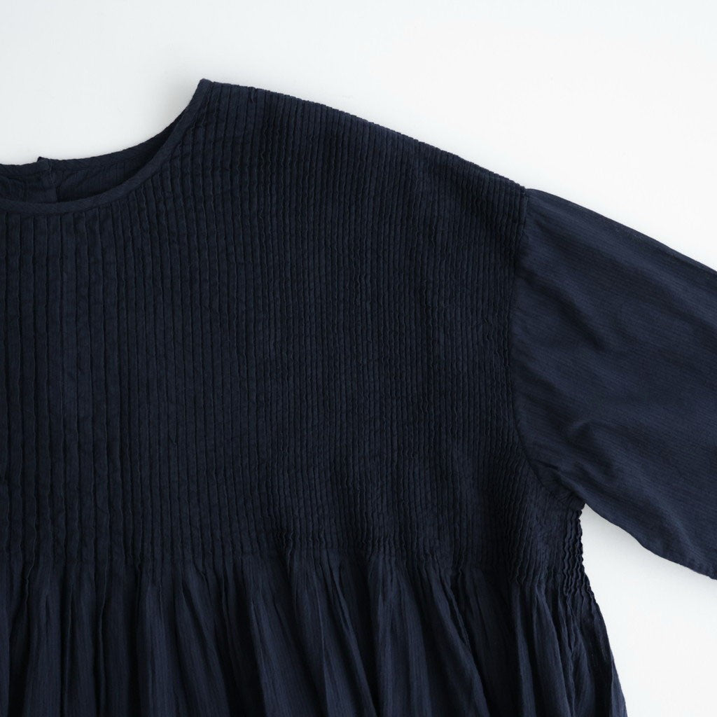 80s ORGANIC VOILE STRIPE (OVERDYE) CREW-NECK 3/4 SL SHIRT WITH MINI PINTUCK #3960 MARINE [NMDS26511D]