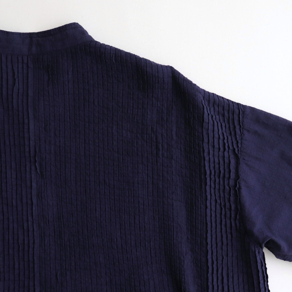 80s ORGANIC DOBIE CHECK(OVERDYE) BANDED COLLAR MAXI DRESS WITH PINTUCK #2813 D.PURPLE [NMDS25254D]