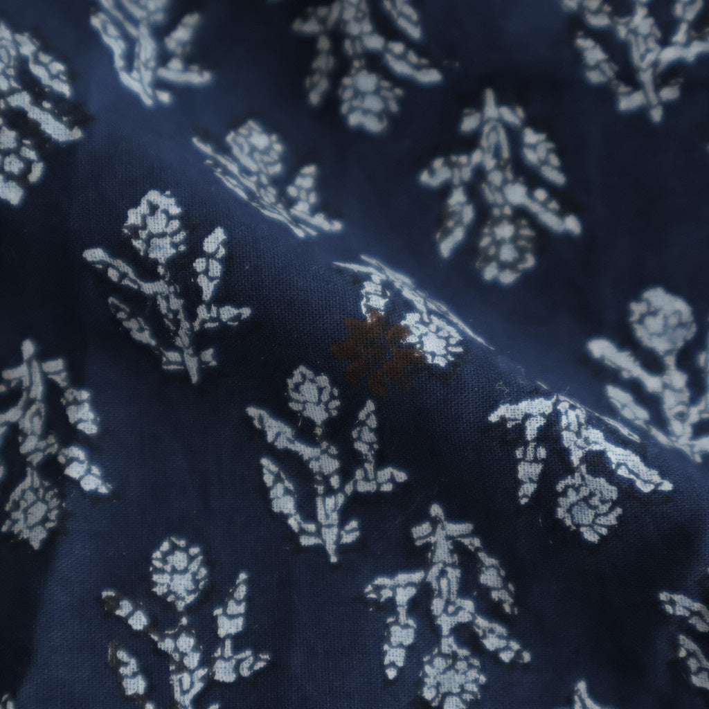 80s COTTON VOILE FLOWER BLOCK PRINT RAJASTAN TUCK GATHERED SKIRT WITH LINING #3900 NVY (NAVY BASE) [NMDS25555]