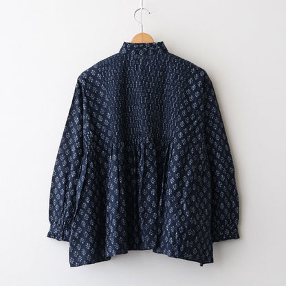 80s COTTON VOILE FLOWER BLOCK PRINT FRILL COLLAR PINTUCK SHIRT #3900 NVY (NAVY BASE) [NMDS25551]