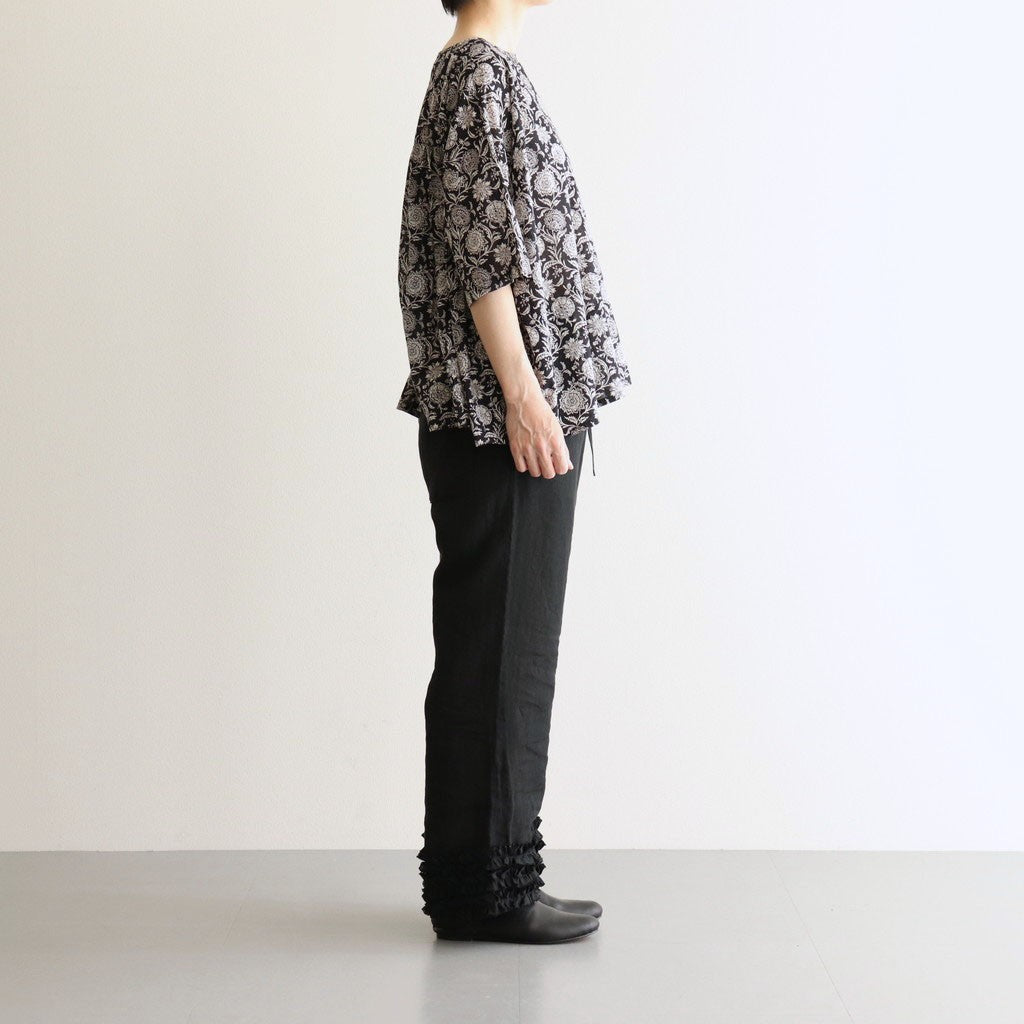 80s VOILE TWO TONE FLOWER PRINT GATHERED SMOCK #9982 BLACK x Lt BEIGE PRINT [NSL25082]