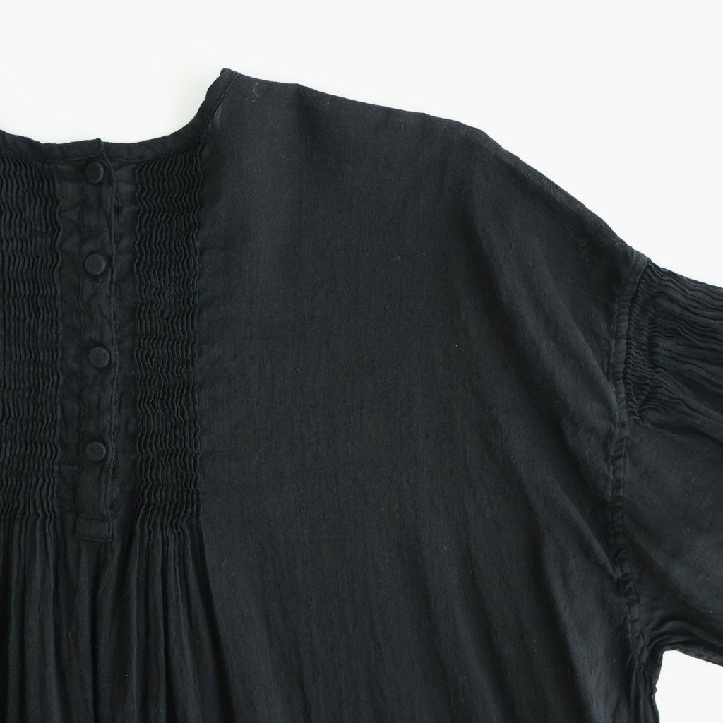 60s AUTOLOOM LINEN/COTTON PLAIN OVERDYE BACK OPENING CREW-NECK SHIRTS DRESS WITH MINI PINTUCK #9900 BLACK [INMDS26011D]