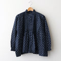 80s COTTON VOILE FLOWER BLOCK PRINT FRILL COLLAR PINTUCK SHIRT #3900 NVY (NAVY BASE) [NMDS25551]