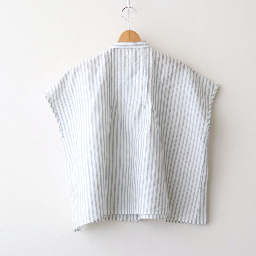 60s AUTO LOOM COTTON/LINEN STRIPE BANDED COLLAR FRENCH/SL PINTUCK SHIRTS #9139 OFF.WHITE/NAVY STRIPE [INSL26331]