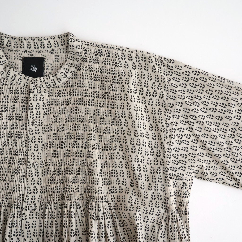 80s VOILE LITTLE TREE BLOCK PRINT MINI PINTUCK BANDED COLLAR SHIRTS #9199 MILKY.GREY/BLACK PRINT [INMDS26722]