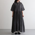 80s POWER LOOM LINEN CHECK REGULAR COLLAR DRESS WITH RAJASTAN GATHER #9890 OFF BLACK x WHITE CHECK [NMDS26284]