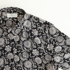 80s VOILE TWO TONE FLOWER PRINT REGULAR COLLAR S/SL DRESS #9982 BLACK x Lt BEIGE PRINT [NSL25084]