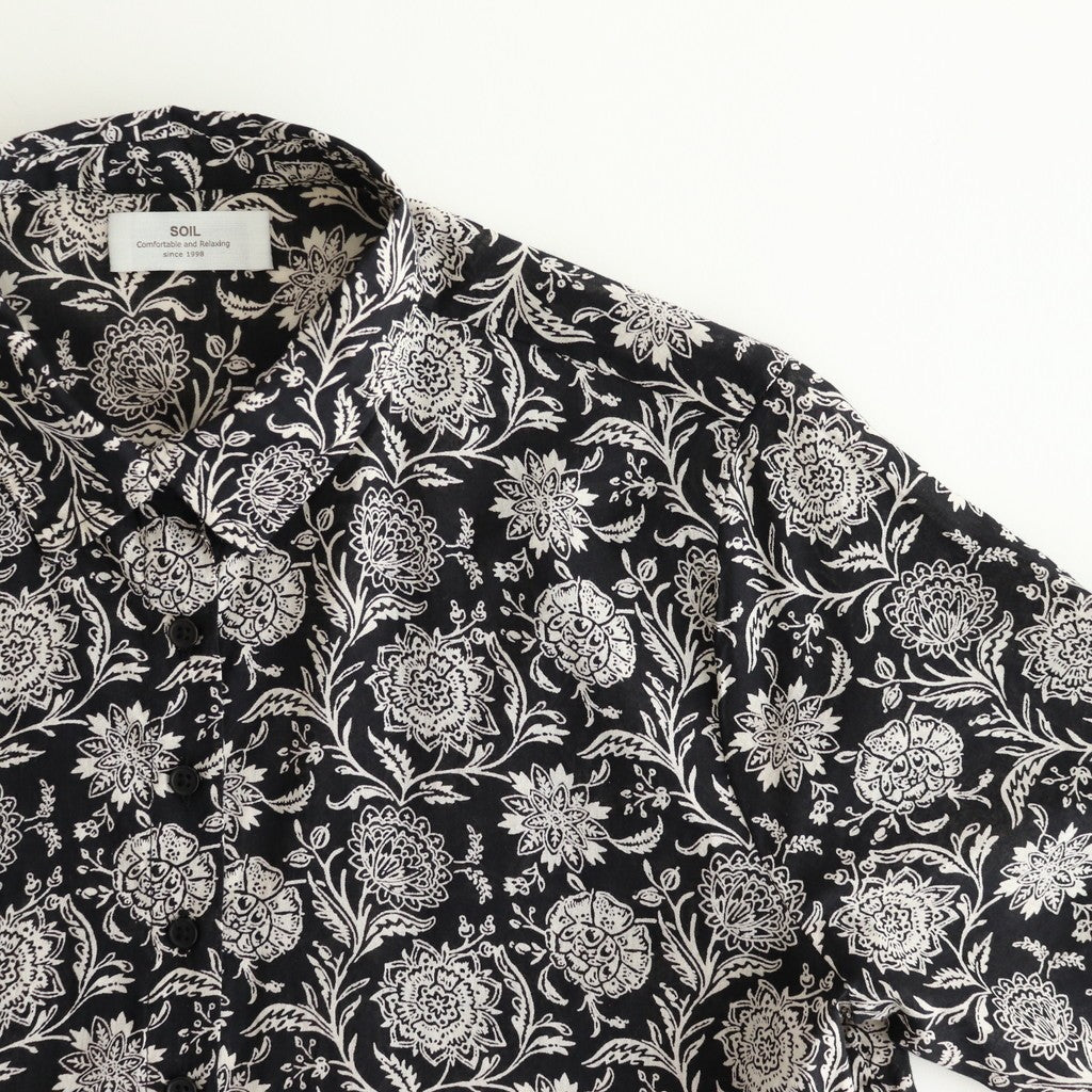 80s VOILE TWO TONE FLOWER PRINT REGULAR COLLAR S/SL DRESS #9982 BLACK x Lt BEIGE PRINT [NSL25084]