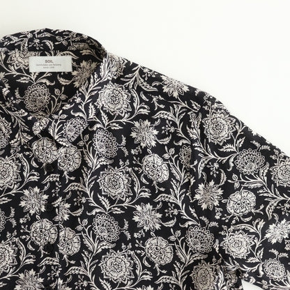 80s VOILE TWO TONE FLOWER PRINT REGULAR COLLAR S/SL DRESS #9982 BLACK x Lt BEIGE PRINT [NSL25084]