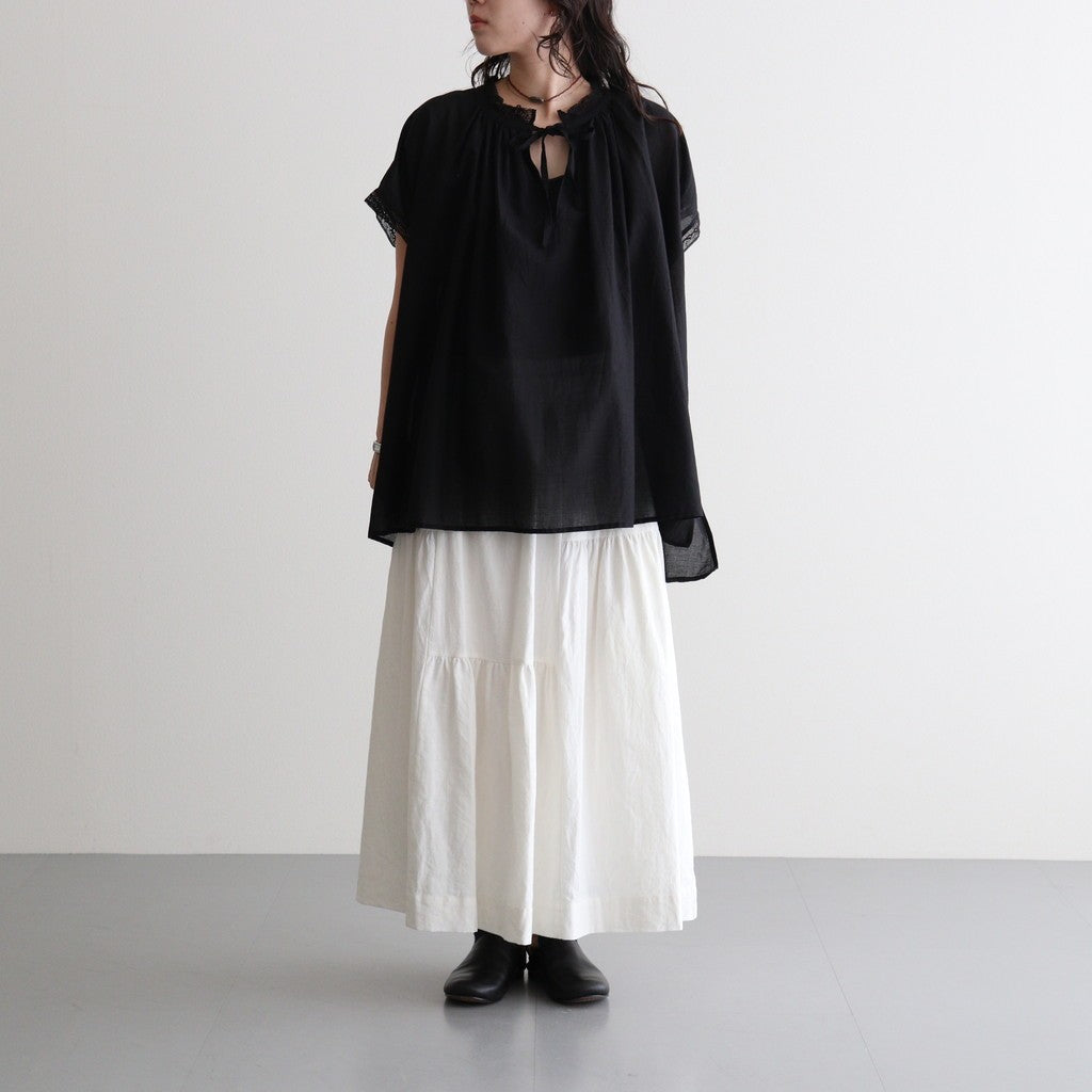 80s COTTON VOILE LACE LACE&STRING COLLAR GATHERED SHIRT #9900 BLACK [NSL26092]