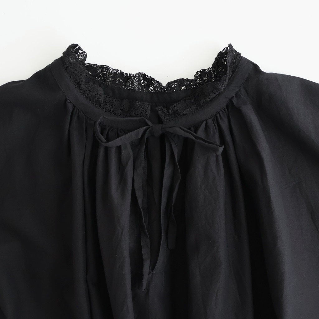 80s COTTON VOILE LACE LACE&STRING COLLAR GATHERED SHIRT #9900 BLACK [NSL26092]