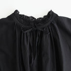 80s COTTON VOILE LACE LACE&STRING COLLAR GATHERED SHIRT #9900 BLACK [NSL26092]