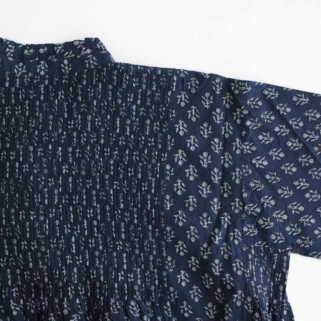 80s COTTON VOILE FLOWER BLOCK PRINT FRILL COLLAR PINTUCK SHIRT #3900 NVY (NAVY BASE) [NMDS25551]