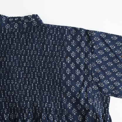 80s COTTON VOILE FLOWER BLOCK PRINT FRILL COLLAR PINTUCK SHIRT #3900 NVY (NAVY BASE) [NMDS25551]