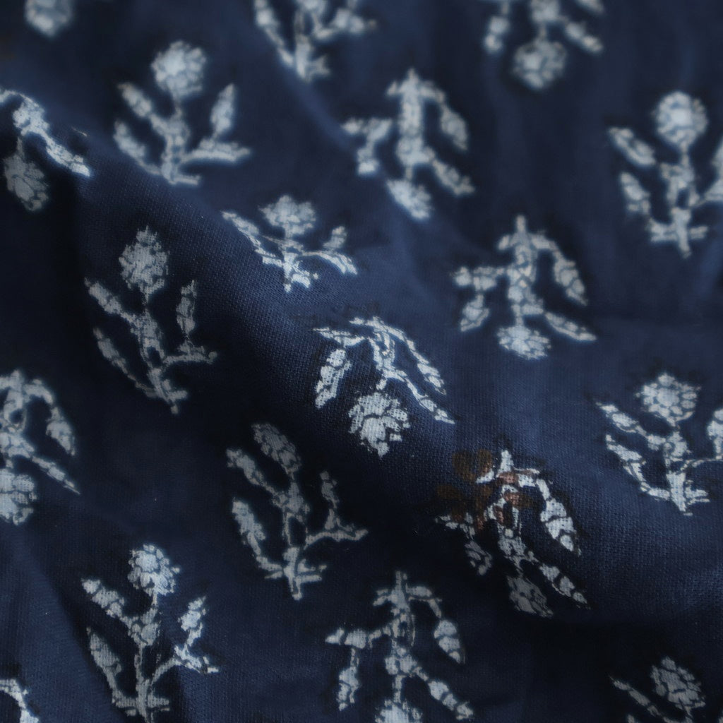 80s COTTON VOILE FLOWER BLOCK PRINT FRILL COLLAR PINTUCK SHIRT #3900 NVY (NAVY BASE) [NMDS25551]