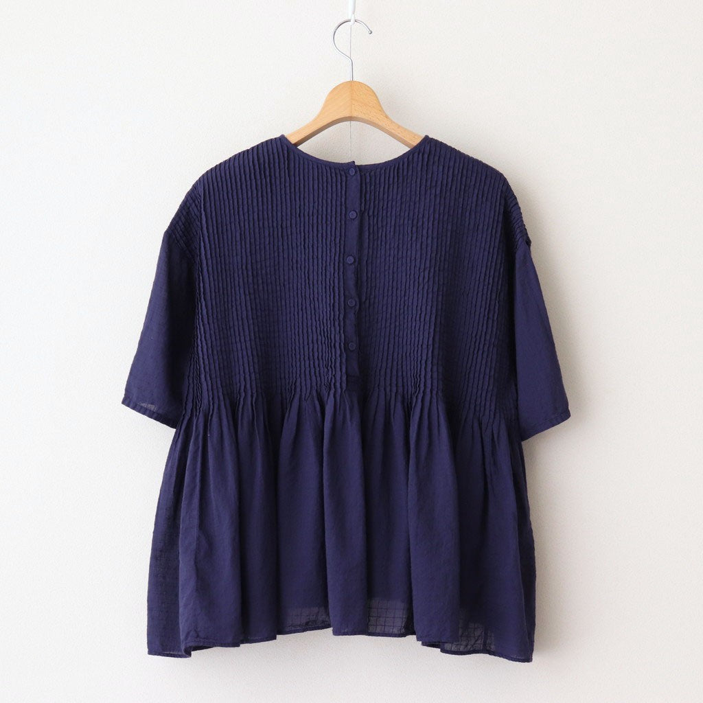 80s ORGANIC DOBIE CHECK(OVERDYE) CREW-NECK P/O HALF/SL SHIRT WITH PINTUCK #2813 D.PURPLE [NMDS25251D]