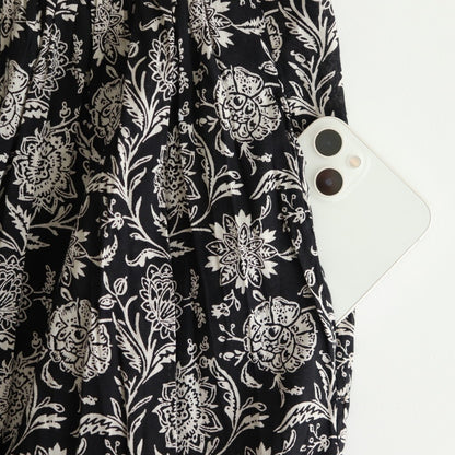 80s VOILE TWO TONE FLOWER PRINT REGULAR COLLAR S/SL DRESS #9982 BLACK x Lt BEIGE PRINT [NSL25084]