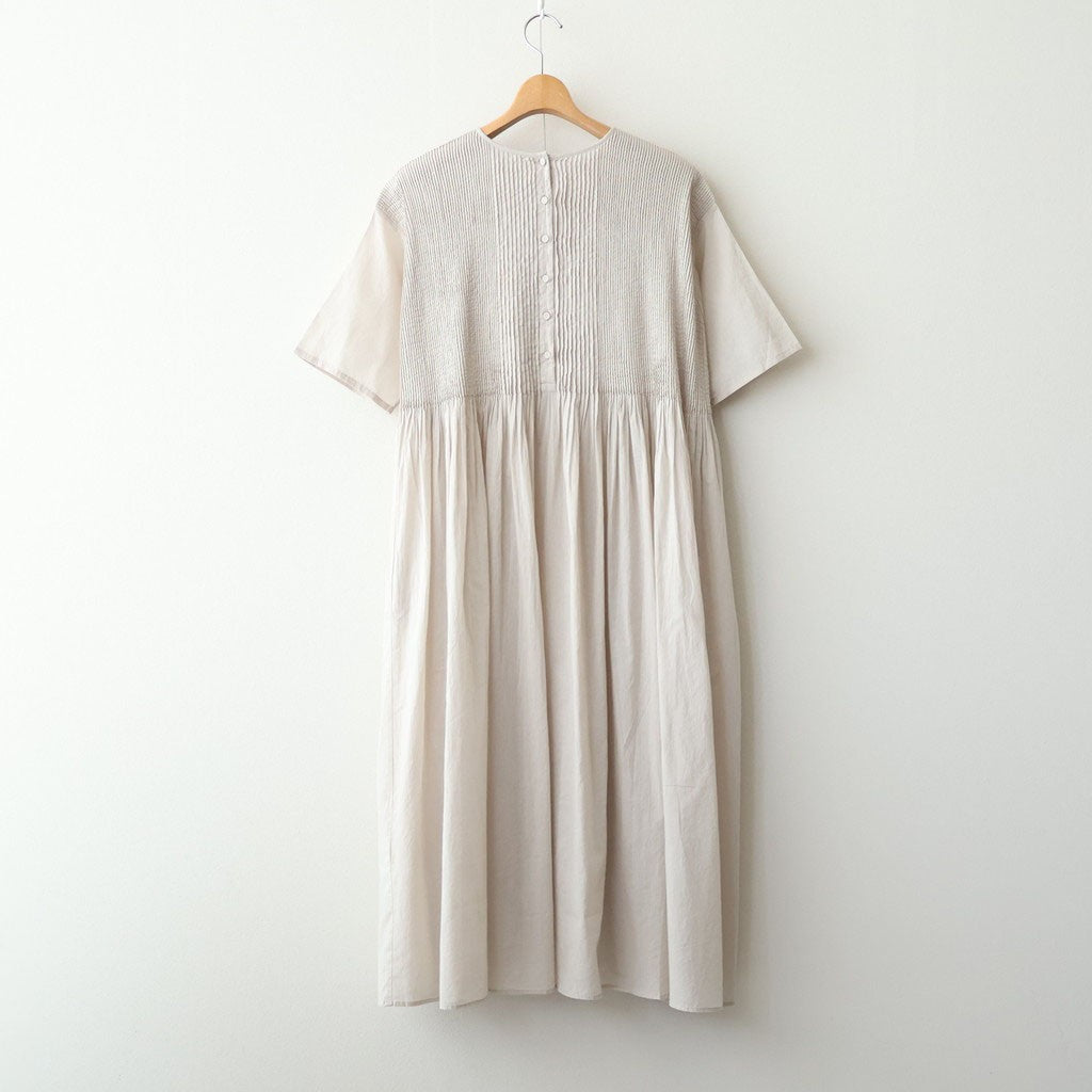 80s ORGANIC COTTON VOILE CREW-NECK HALF/SLEEVE DRESS WITH MINI PINTUCK #8200 BEIGE (MILKY BEIGE) [NMDS26243]
