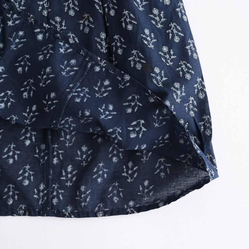 80s COTTON VOILE FLOWER BLOCK PRINT FRILL COLLAR PINTUCK SHIRT #3900 NVY (NAVY BASE) [NMDS25551]