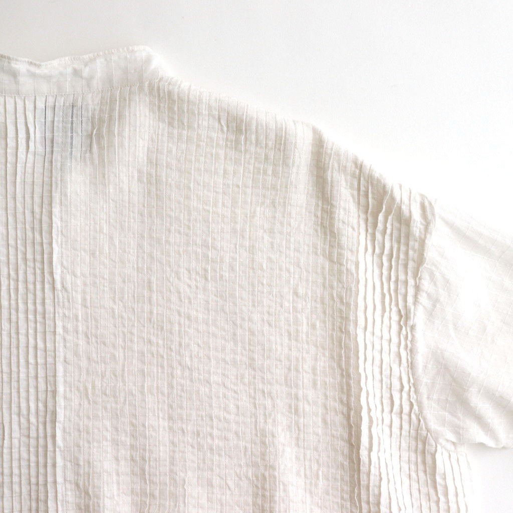 80s ORGANIC DOBIE CHECK(OVERDYE) BANDED COLLAR MAXI DRESS WITH PINTUCK #9170 MINRAL WHITE [NMDS25254D]