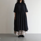 80s ORGANIC DOBIE CHECK(OVERDYE) BANDED COLLAR MAXI DRESS WITH PINTUCK #9971 O.BLACK [NMDS25254D]