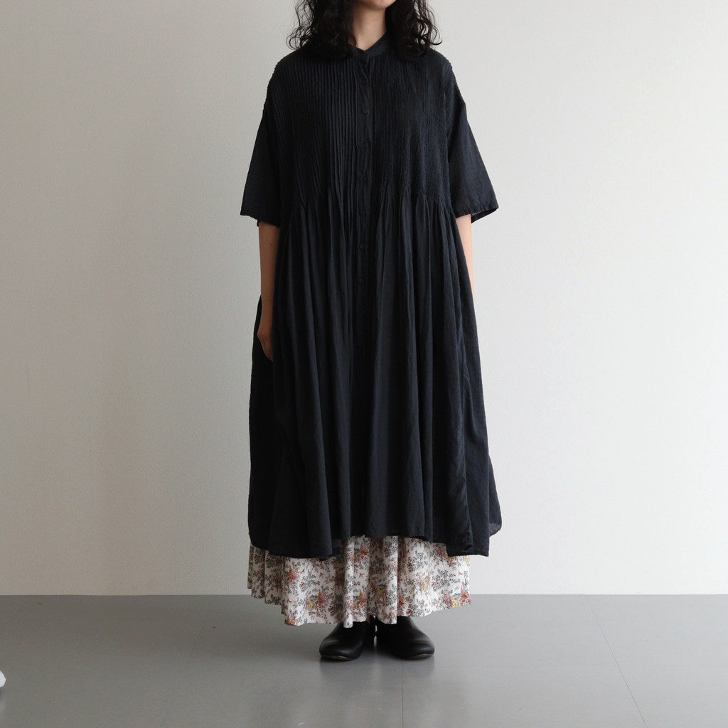80s ORGANIC DOBIE CHECK(OVERDYE) BANDED COLLAR MAXI DRESS WITH PINTUCK #9971 O.BLACK [NMDS25254D]