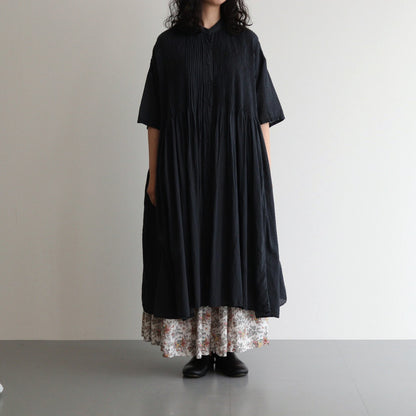 80s ORGANIC DOBIE CHECK(OVERDYE) BANDED COLLAR MAXI DRESS WITH PINTUCK #9971 O.BLACK [NMDS25254D]