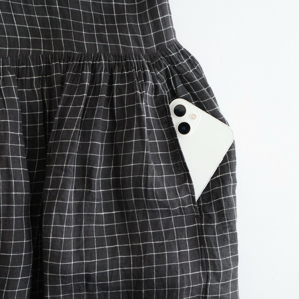 80s POWER LOOM LINEN CHECK REGULAR COLLAR DRESS WITH RAJASTAN GATHER #9890 OFF BLACK x WHITE CHECK [NMDS26284]