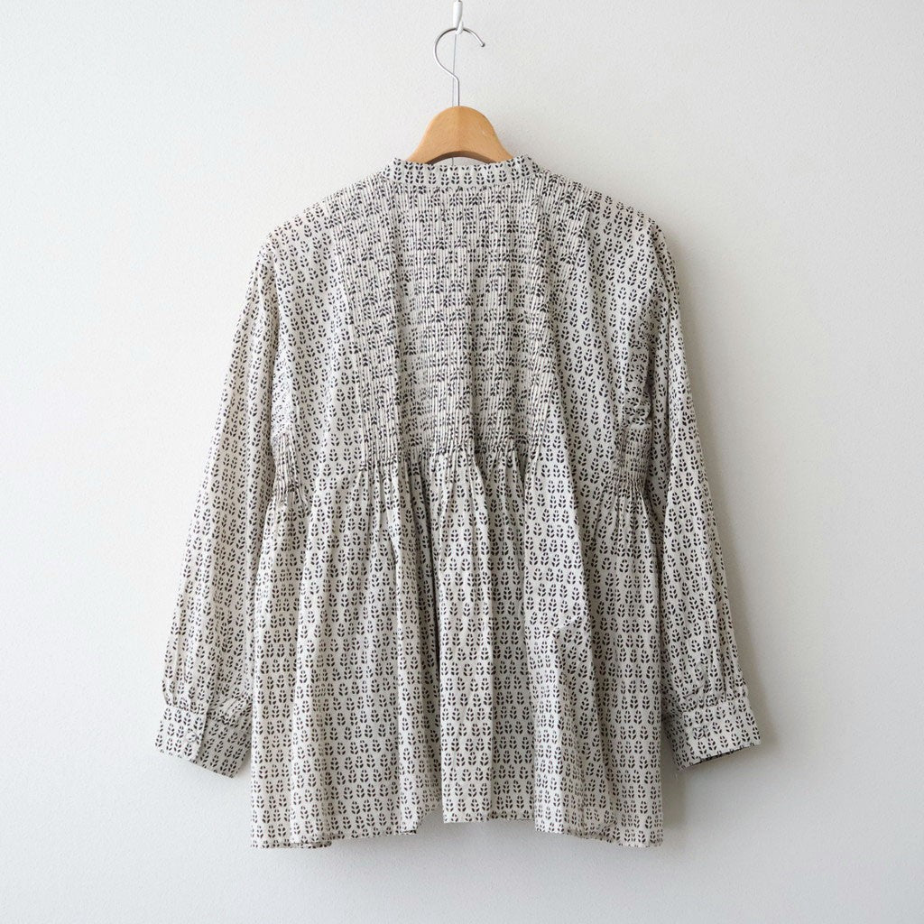 80s VOILE LITTLE TREE BLOCK PRINT MINI PINTUCK BANDED COLLAR SHIRTS #9199 MILKY.GREY/BLACK PRINT [INMDS26722]