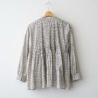 80s VOILE LITTLE TREE BLOCK PRINT MINI PINTUCK BANDED COLLAR SHIRTS #9199 MILKY.GREY/BLACK PRINT [INMDS26722]