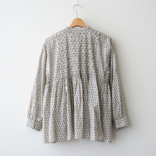 80s VOILE LITTLE TREE BLOCK PRINT MINI PINTUCK BANDED COLLAR SHIRTS #9199 MILKY.GREY/BLACK PRINT [INMDS26722]