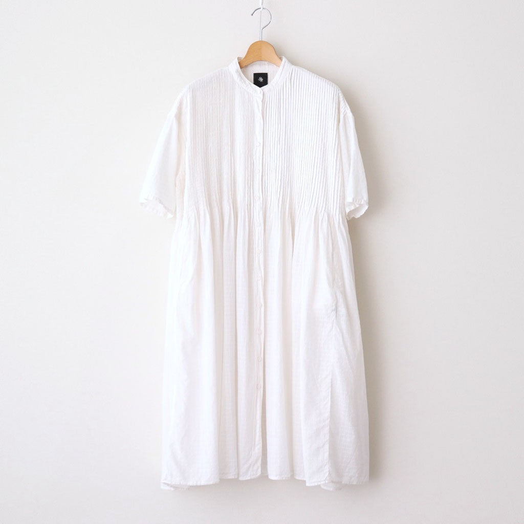 80s ORGANIC DOBIE CHECK(OVERDYE) BANDED COLLAR MAXI DRESS WITH PINTUCK #9170 MINRAL WHITE [NMDS25254D]