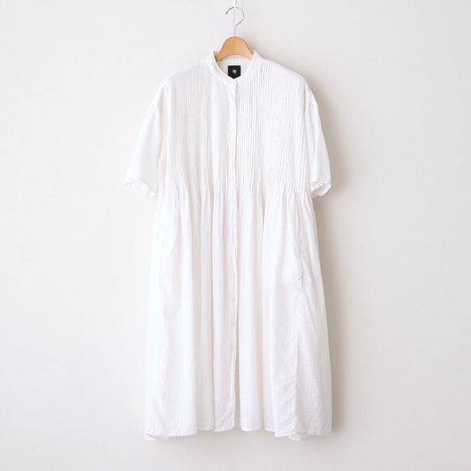 80s ORGANIC DOBIE CHECK(OVERDYE) BANDED COLLAR MAXI DRESS WITH PINTUCK #9170 MINRAL WHITE [NMDS25254D]