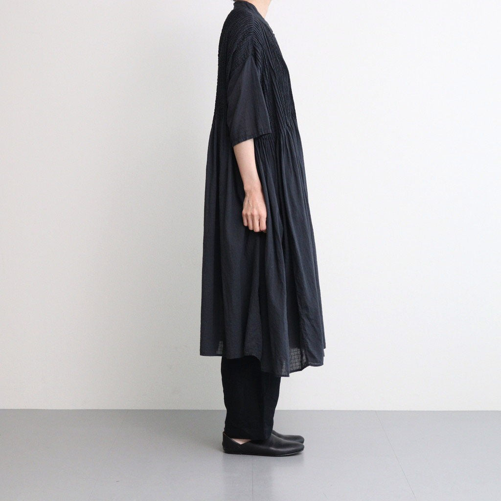 80s ORGANIC DOBIE CHECK(OVERDYE) BANDED COLLAR MAXI DRESS WITH PINTUCK #9971 O.BLACK [NMDS25254D]