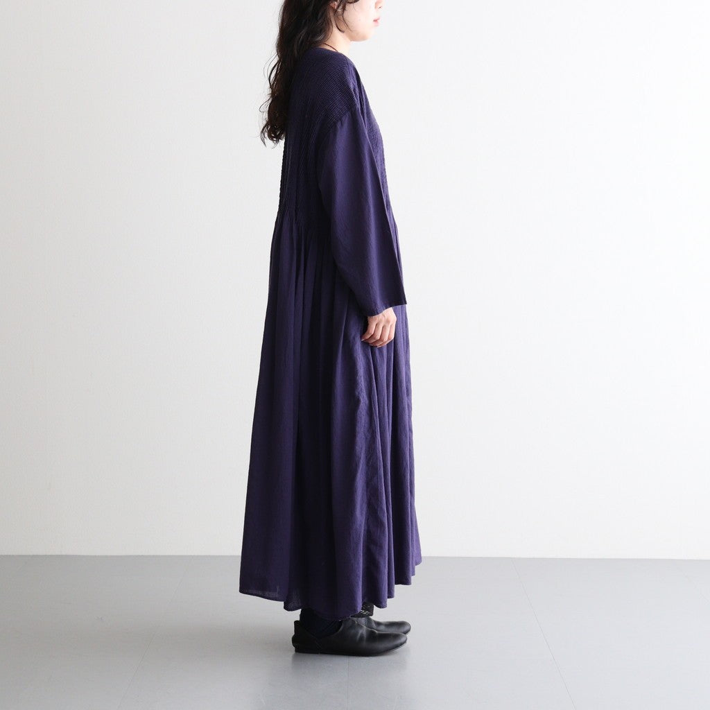 80s ORGANIC MICRO CHECK OVERDYE CREW-NECK BUTTON SHIRT MAXI DRESS WITH MINI PINTUCK #2813 PURPLE (D.PURPLE) [NMDS26234D]