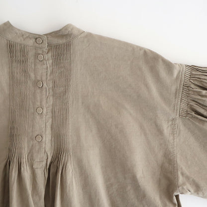 HANDWOVEN HEAVY COTTON PLAIN BACK OPENING STAND COLLAR SHIRT WITH MINI PINTUCK #8300 BEIGE/BLACK SELVAGE [INMDS25722]