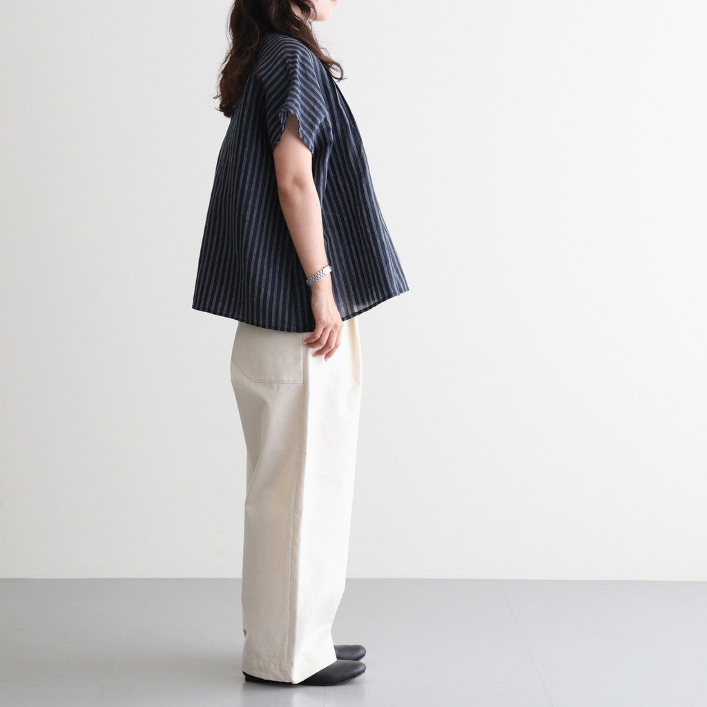 60s AUTO LOOM COTTON/LINEN STRIPE BANDED COLLAR FRENCH/SL PINTUCK SHIRTS #3991 NAVY/OFF.WHITE STRIPE [INSL26331]