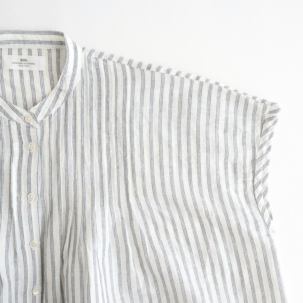 60s AUTO LOOM COTTON/LINEN STRIPE BANDED COLLAR FRENCH/SL PINTUCK SHIRTS #9139 OFF.WHITE/NAVY STRIPE [INSL26331]