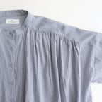 80s COTTON VOILE PLAIN BANDED COLLAR GATHER SHIRT #3300 SAX BLUE [NSL25041]