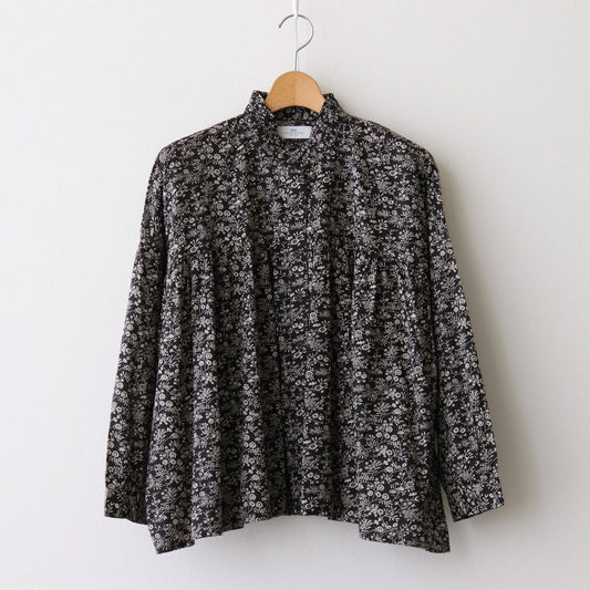 COTTON SLUB SMALL FLOWER PRINT FRILL COLLAR SHIRT WITH GATHER #9982 BLK (BLACK x BEIGE PRINT) [NSL25571]