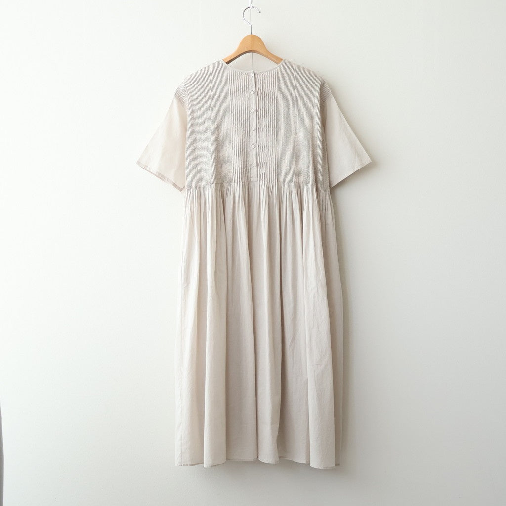 80s ORGANIC COTTON VOILE CREW-NECK HALF/SLEEVE DRESS WITH MINI PINTUCK #8200 BEIGE (MILKY BEIGE) [NMDS26243]