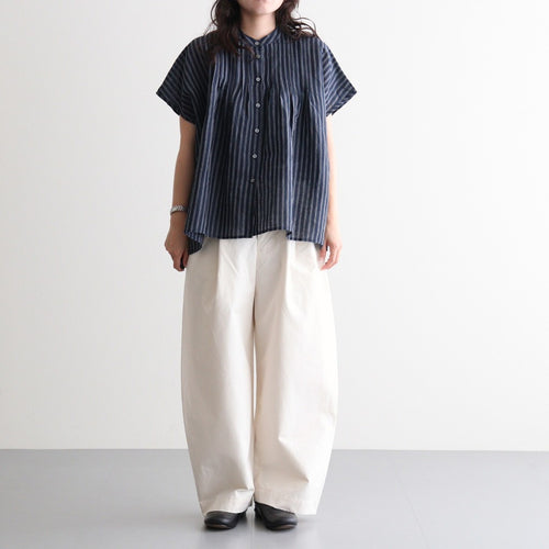 60s AUTO LOOM COTTON/LINEN STRIPE BANDED COLLAR FRENCH/SL PINTUCK SHIRTS #3991 NAVY/OFF.WHITE STRIPE [INSL26331]