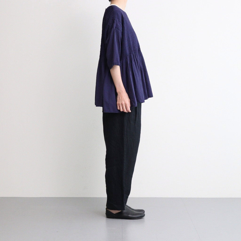 80s ORGANIC DOBIE CHECK(OVERDYE) CREW-NECK P/O HALF/SL SHIRT WITH PINTUCK #2813 D.PURPLE [NMDS25251D]