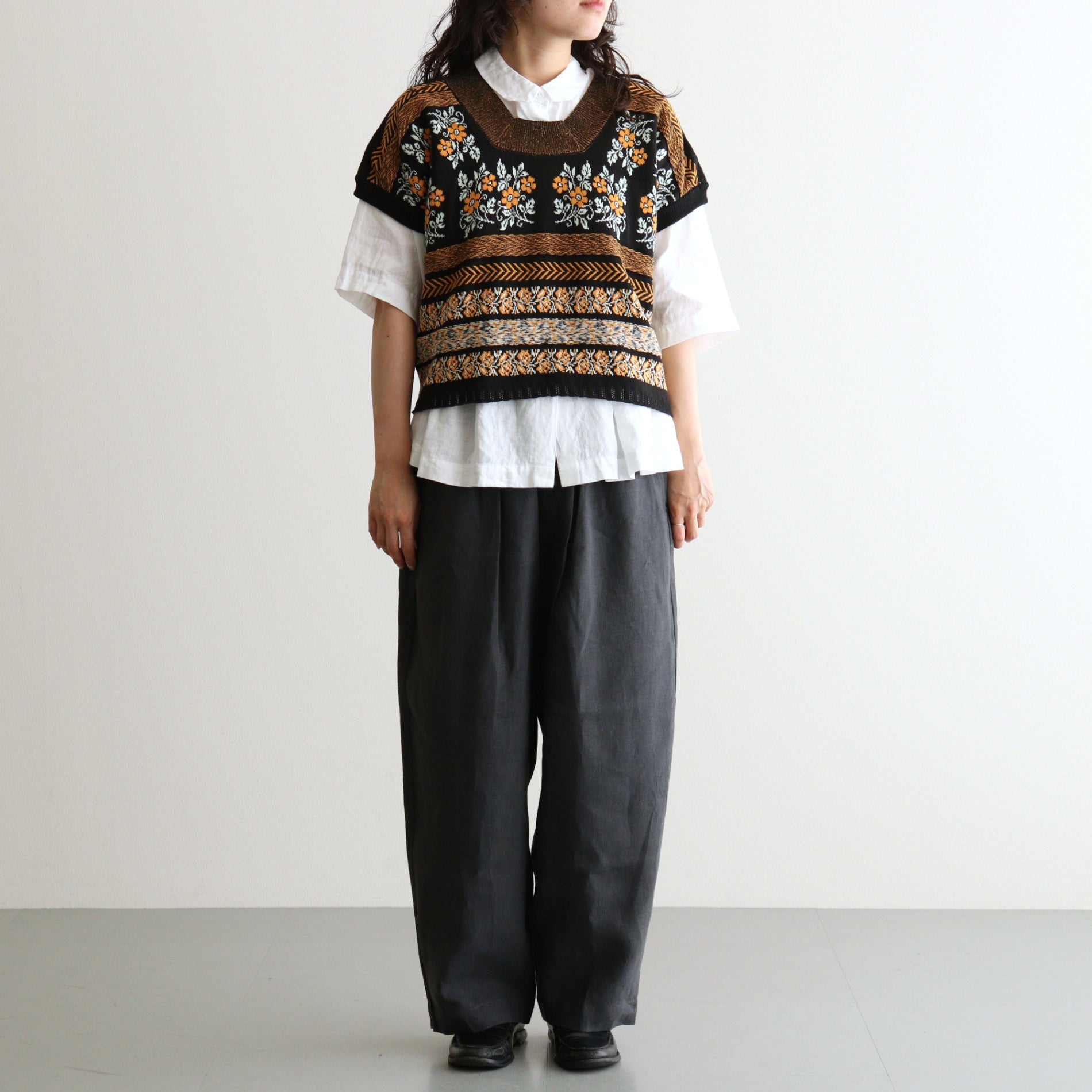 40s FRENCH LINEN DYED CANVAS 2TUCK TAPERED EASY PANTS #9800 CHARCOAL [GNMDS2501FL]
