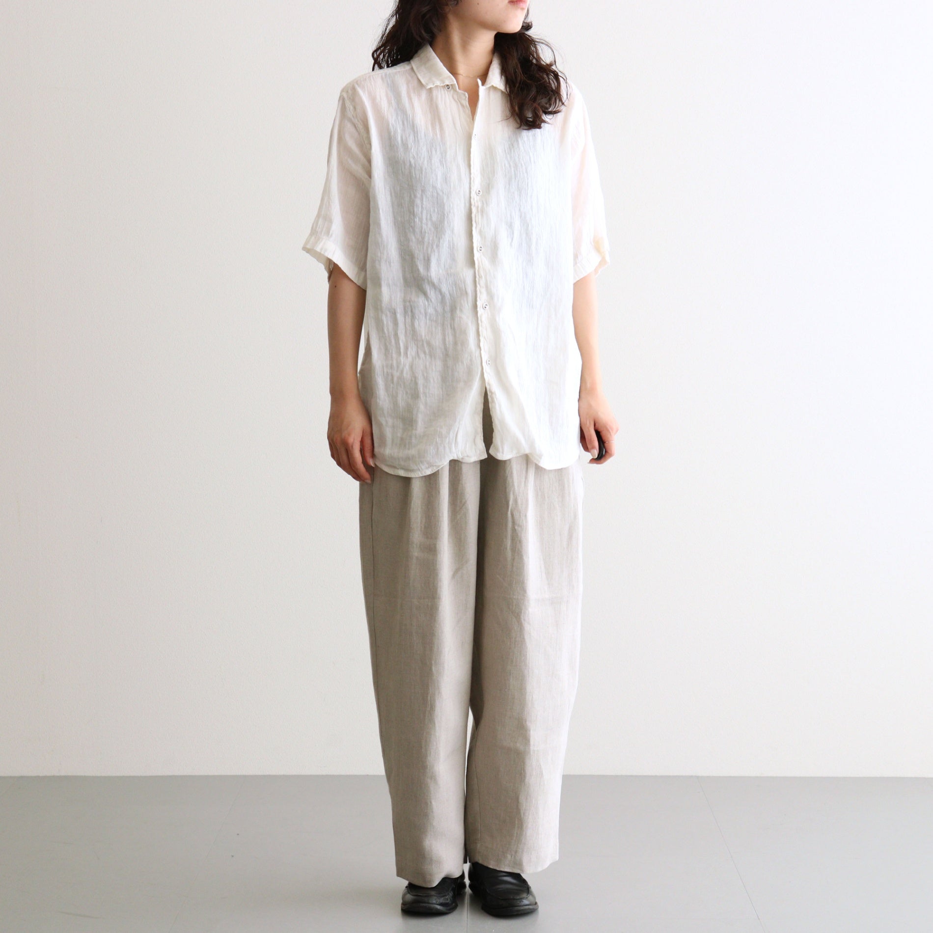 AUTO LOOM LINEN/COTTON PLAIN OVERDYE OPEN COLLAR S/SL SHIRTS #9000 WHITE(WASHED) [IMDSH2612LCD]