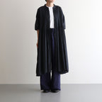 80s ORGANIC DOBIE CHECK(OVERDYE) BANDED COLLAR MAXI DRESS WITH PINTUCK #9971 O.BLACK [NMDS25254D]